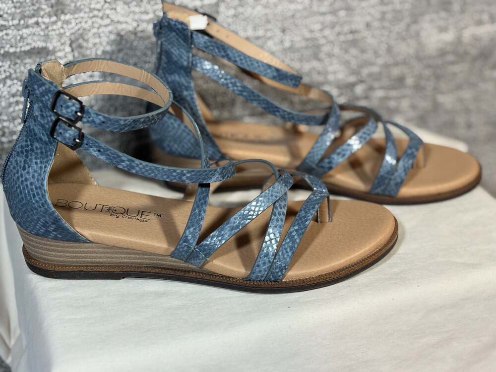Boutique by Corkys Sweet Tea Blue Snakeskin Strappy Wedge Sandals